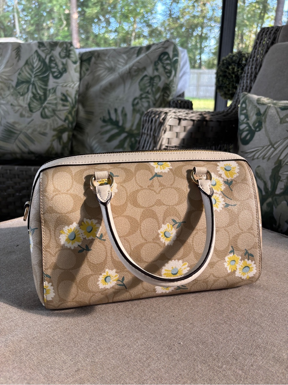 Coach Beige Floral Signature Satchel with Cream Handles - Picture 2 of 5